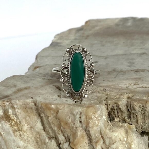 VTG Sterling Silver 925 Filigree Scrollwork Oval Bezel Set Green Onyx Ring 5.5 - Picture 16 of 16